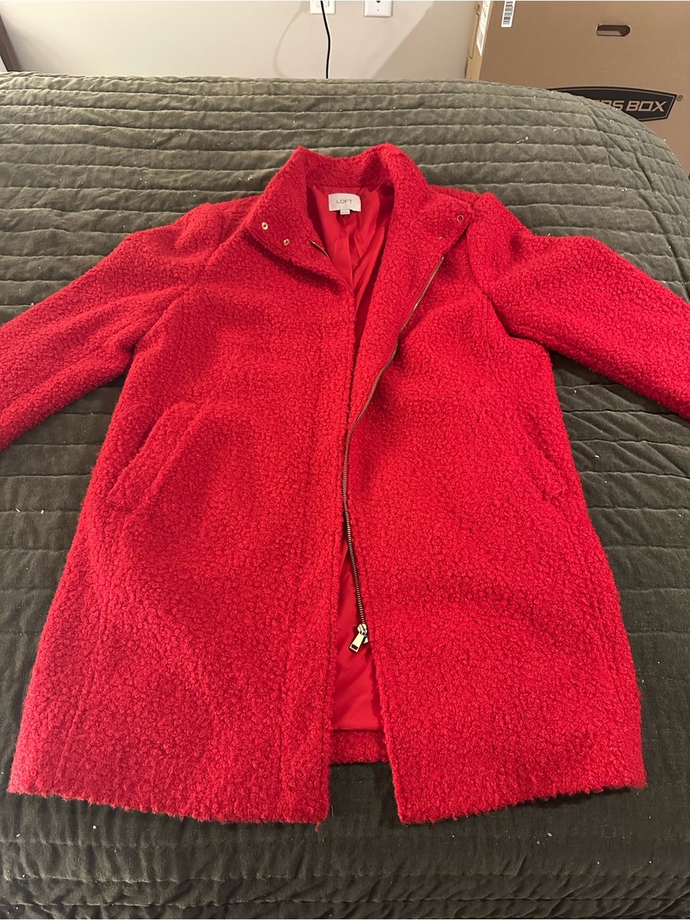 LOFT Bold Red Teddy Zip-Front Jacket